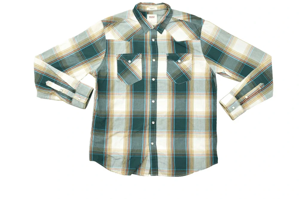 Levi's Western Pearl Snap Shirt Mens Medium Green Orange Plaid Long Sleeve Stand